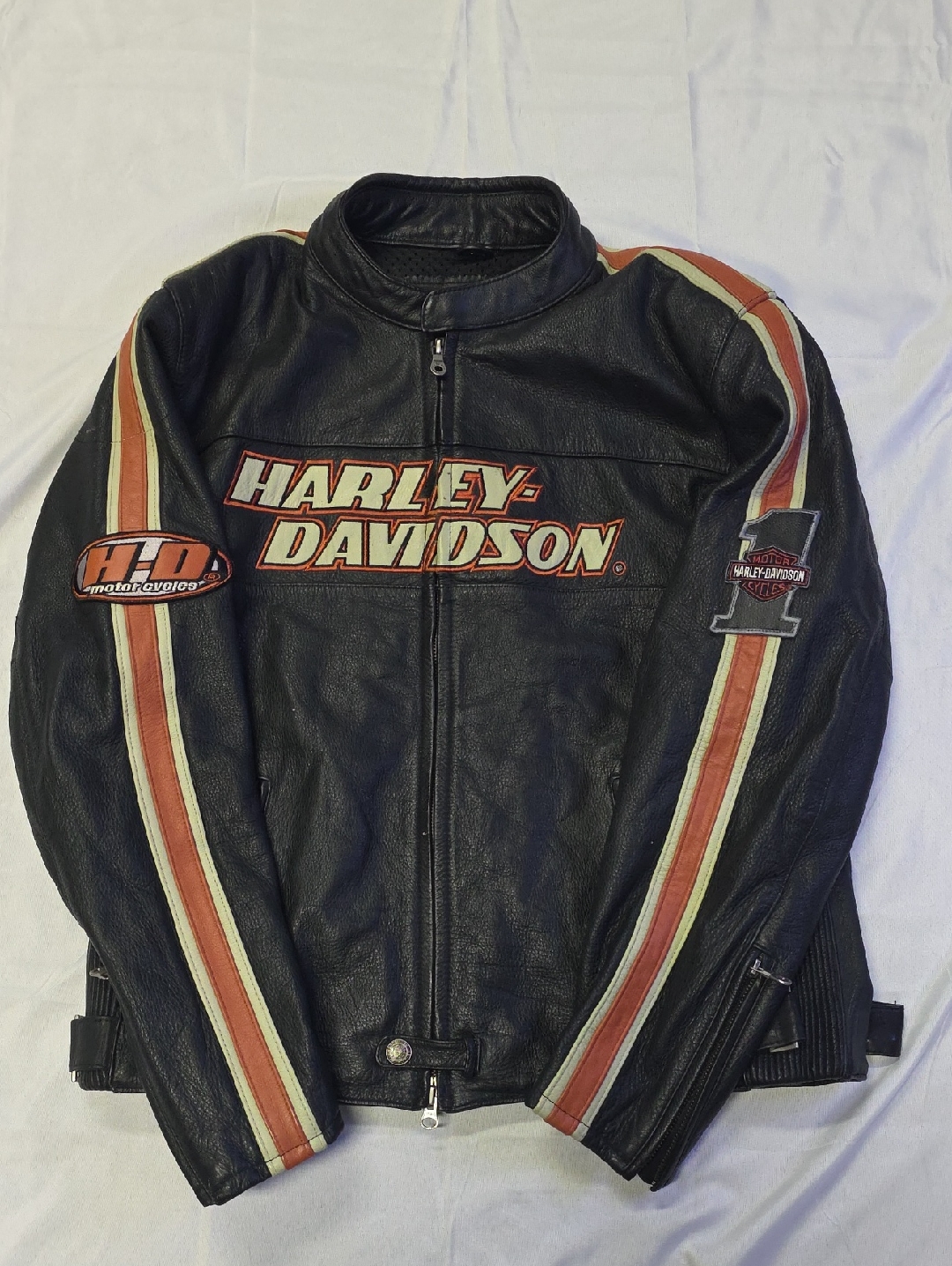 Vintage Harley-Davidson Black Leather Jacket With Orange And Cream Stripes